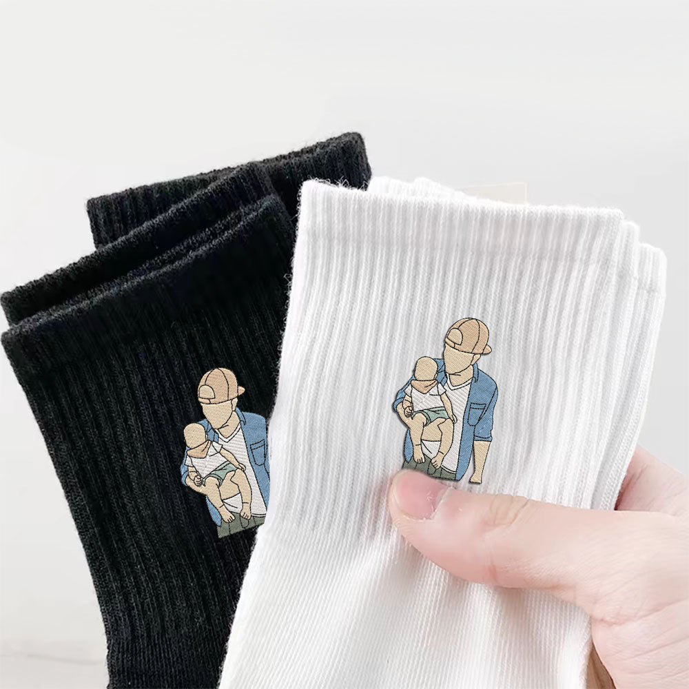 Embroidered Character Socks, Anniversary Socks, Father’S Day Gift Socks, Photo Thick Cotton Vertical Socks