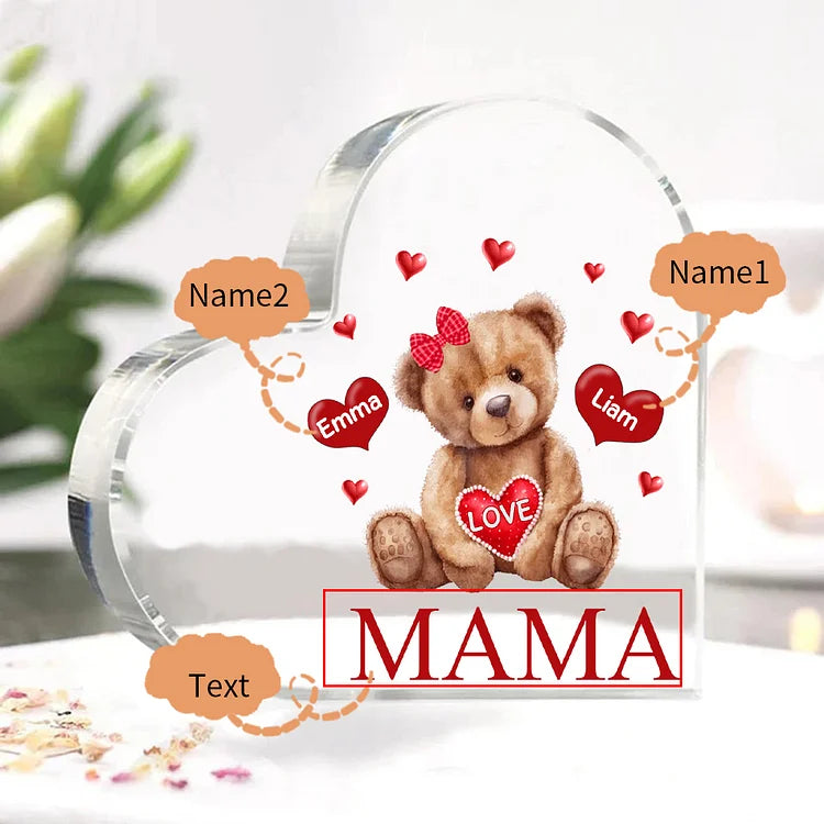 Personalized 1-5 Names and Text Teddy Bear Heart Family Acrylic Decorative Desk Decoration for Mother