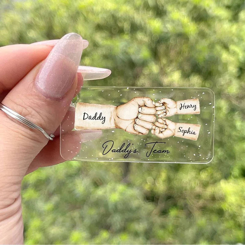 “Daddy's Dream Team” - Personalized Fist Bump Acrylic Or Wooden Keychain- Ideal Father's Day Gift