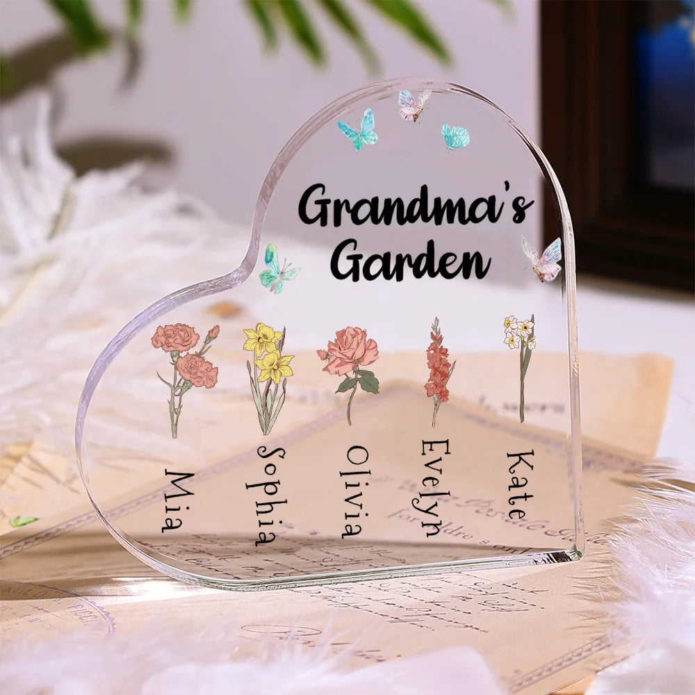 Personalized Grandma's Garden Acrylic 1-6 Names Customize Birthday Flowers Ornament Gifts Special Heart Keepsake Desktop Ornament for Grandma