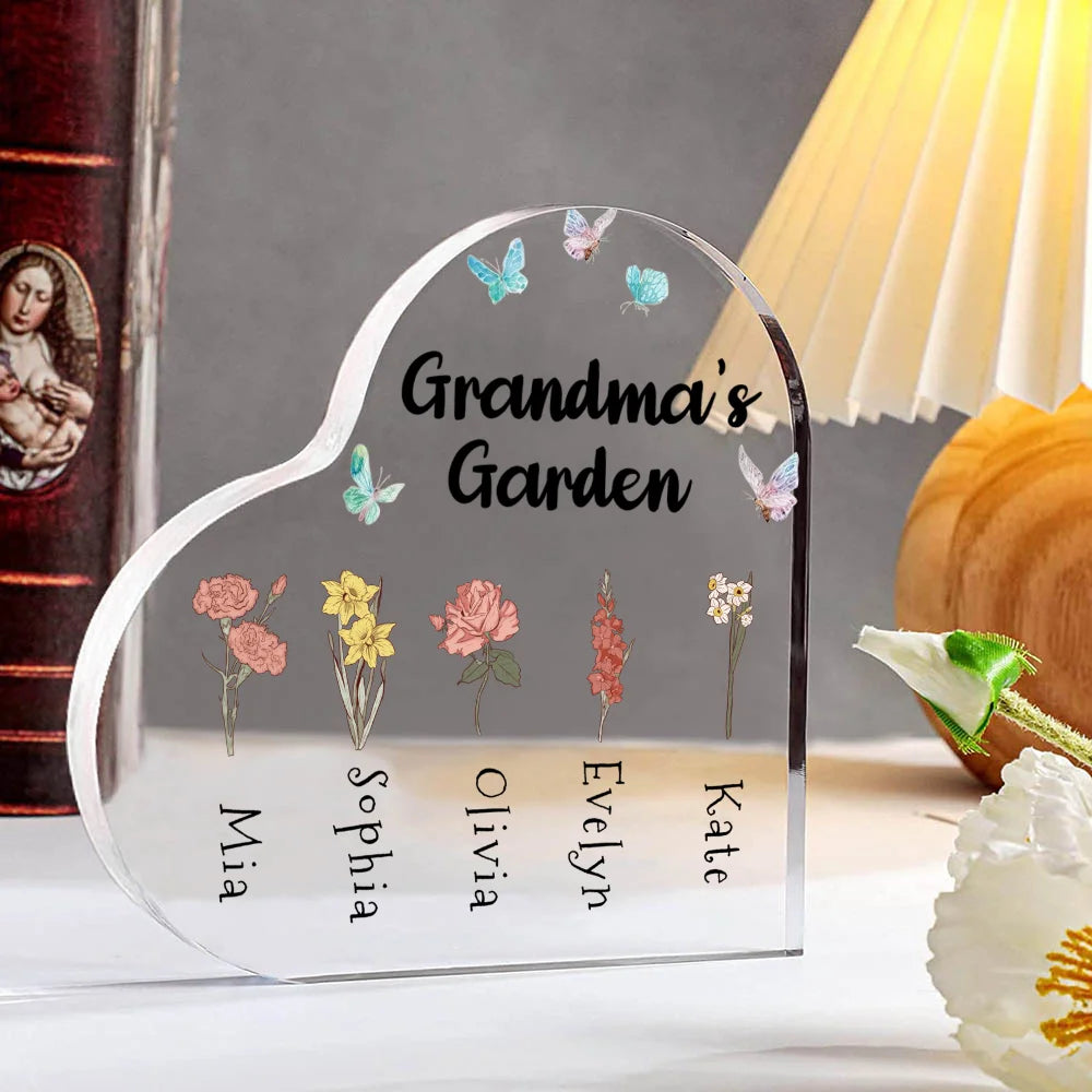 Personalized Grandma's Garden Acrylic 1-6 Names Customize Birthday Flowers Ornament Gifts Special Heart Keepsake Desktop Ornament for Grandma