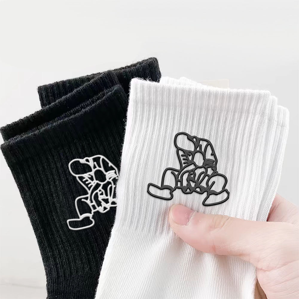 Embroidered Line Character Socks, Father’S Day Gift Socks, Gifts For Father, Thick Cotton Vertical Socks