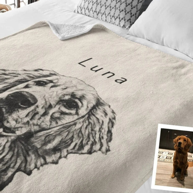 Custom Pet Pen Art Portrait Blanket, Personalized Dog Photo Throw Blanket, Dog Face and Name Blanket, Dog Lover Gift