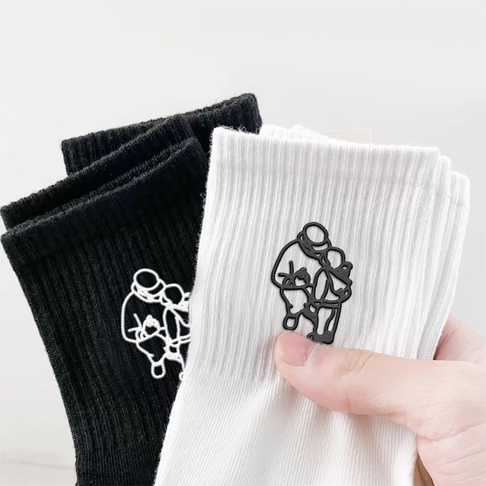 Embroidered Father And Son Socks, Embroidered Line Character Socks, Pure Cotton Socks, Father And Son Photo Socks, Meaningful Sock Gifts, Thick Cotton Vertical Socks