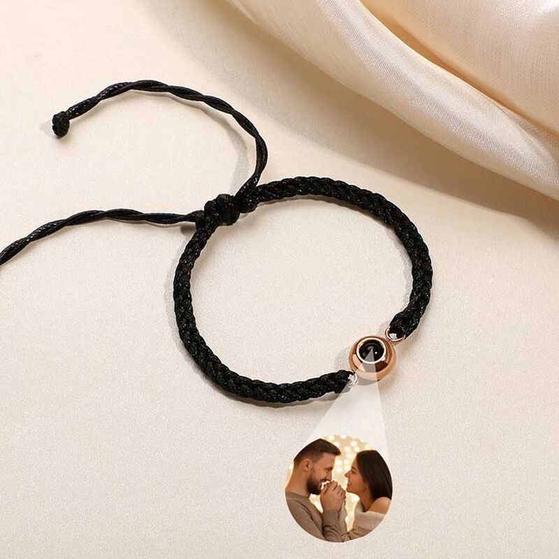 Personalized Circle Photo Projector Bracelet For Women And Men Black with Black Rope