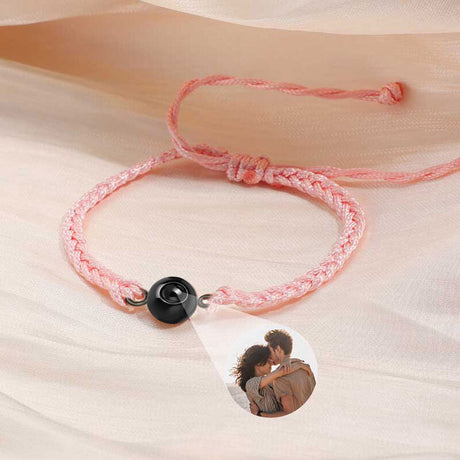 Personalized Circle Photo Projector Bracelet For Women And Men Sliver with Pink Rope