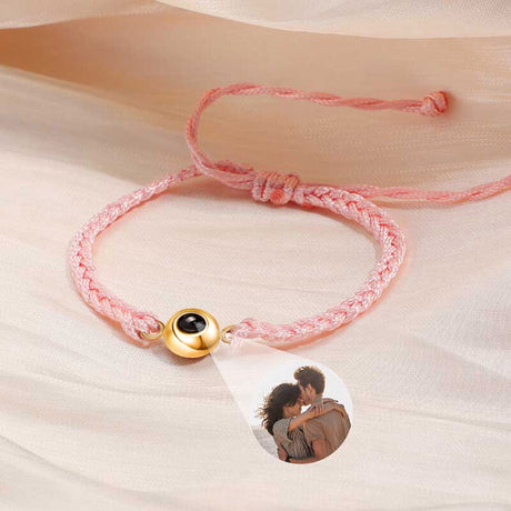 Personalized Circle Photo Projector Bracelet For Women And Men Sliver with Pink Rope