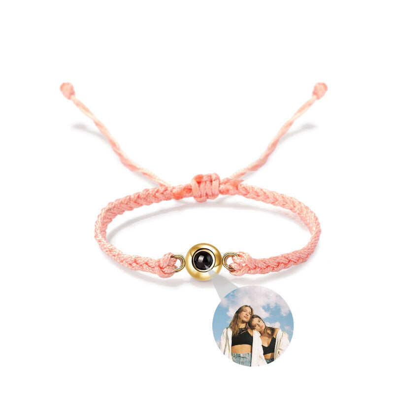 Personalized Circle Photo Projector Bracelet For Women And Men Sliver with Pink Rope