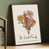 Personalized Birth Flower Family Bouquet Names Frame