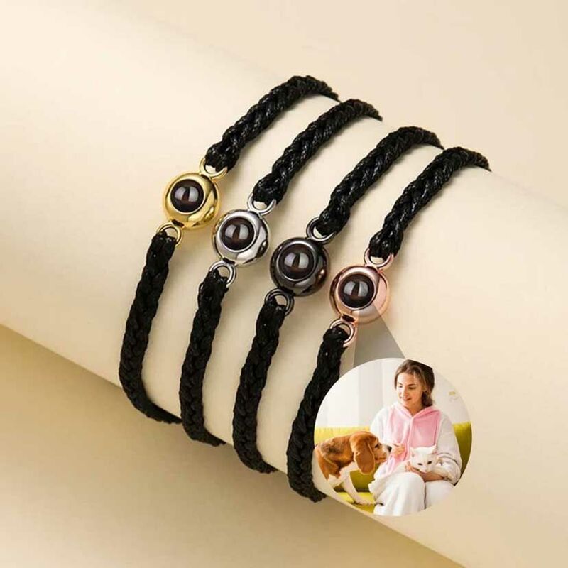 Personalized Circle Photo Projector Bracelet For Women And Men Black with Black Rope