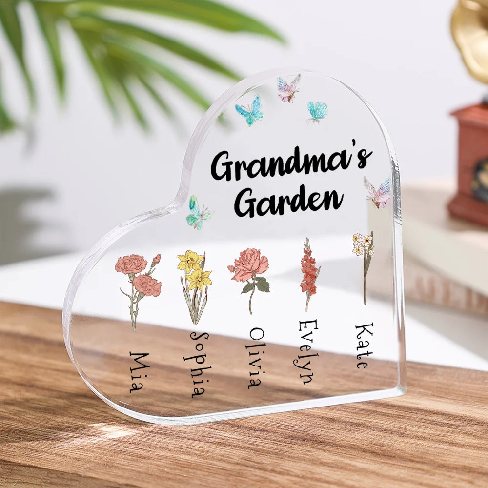 Personalized Grandma's Garden Acrylic 1-6 Names Customize Birthday Flowers Ornament Gifts Special Heart Keepsake Desktop Ornament for Grandma