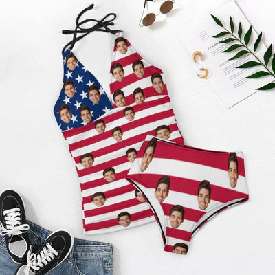 Custom American Flag Tankini Top Set Personalized Two Piece Bikini Summer Beach Pool Swimsuit