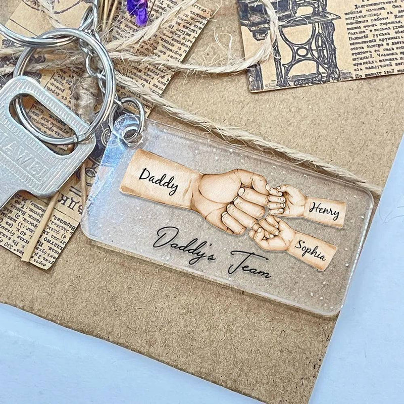 “Daddy's Dream Team” - Personalized Fist Bump Acrylic Or Wooden Keychain- Ideal Father's Day Gift