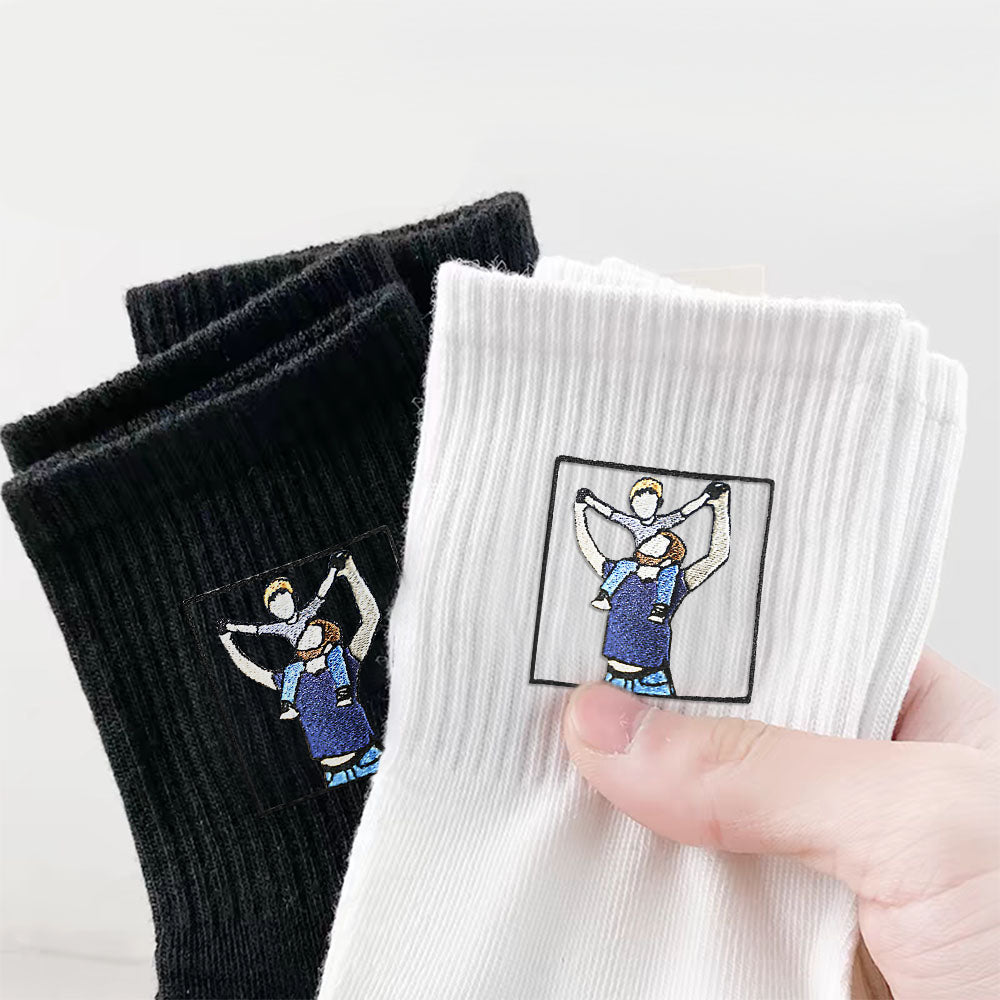 Embroidered Father And Son Socks, Father And Son Photo Socks, Thick Cotton Vertical Socks