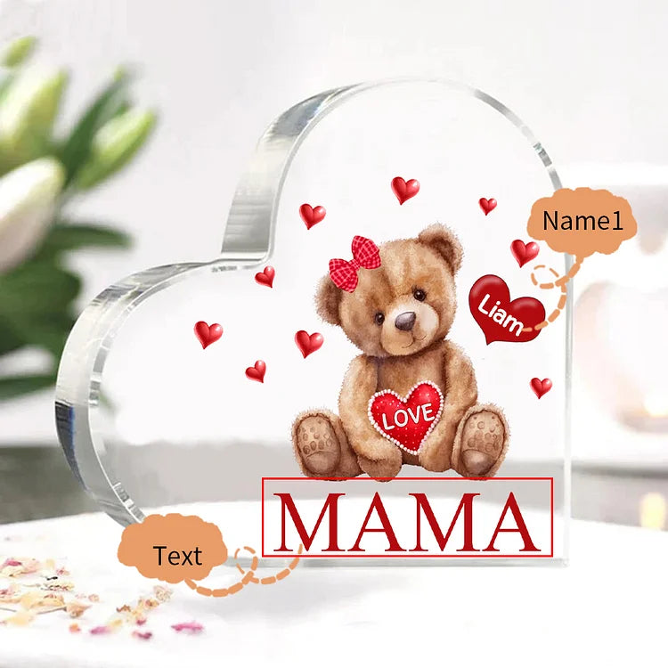 Personalized 1-5 Names and Text Teddy Bear Heart Family Acrylic Decorative Desk Decoration for Mother