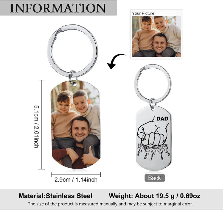 Dad Fist Bump Personalised Photo Keychain Engrave 5 Names Father's Day Gifts