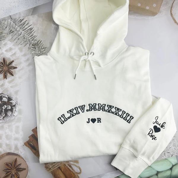 Custom Embroider Roman Numeral Crewneck Hoodie Personaliz Couples Gifts