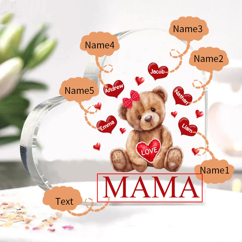 Personalized 1-5 Names and Text Teddy Bear Heart Family Acrylic Decorative Desk Decoration for Mother