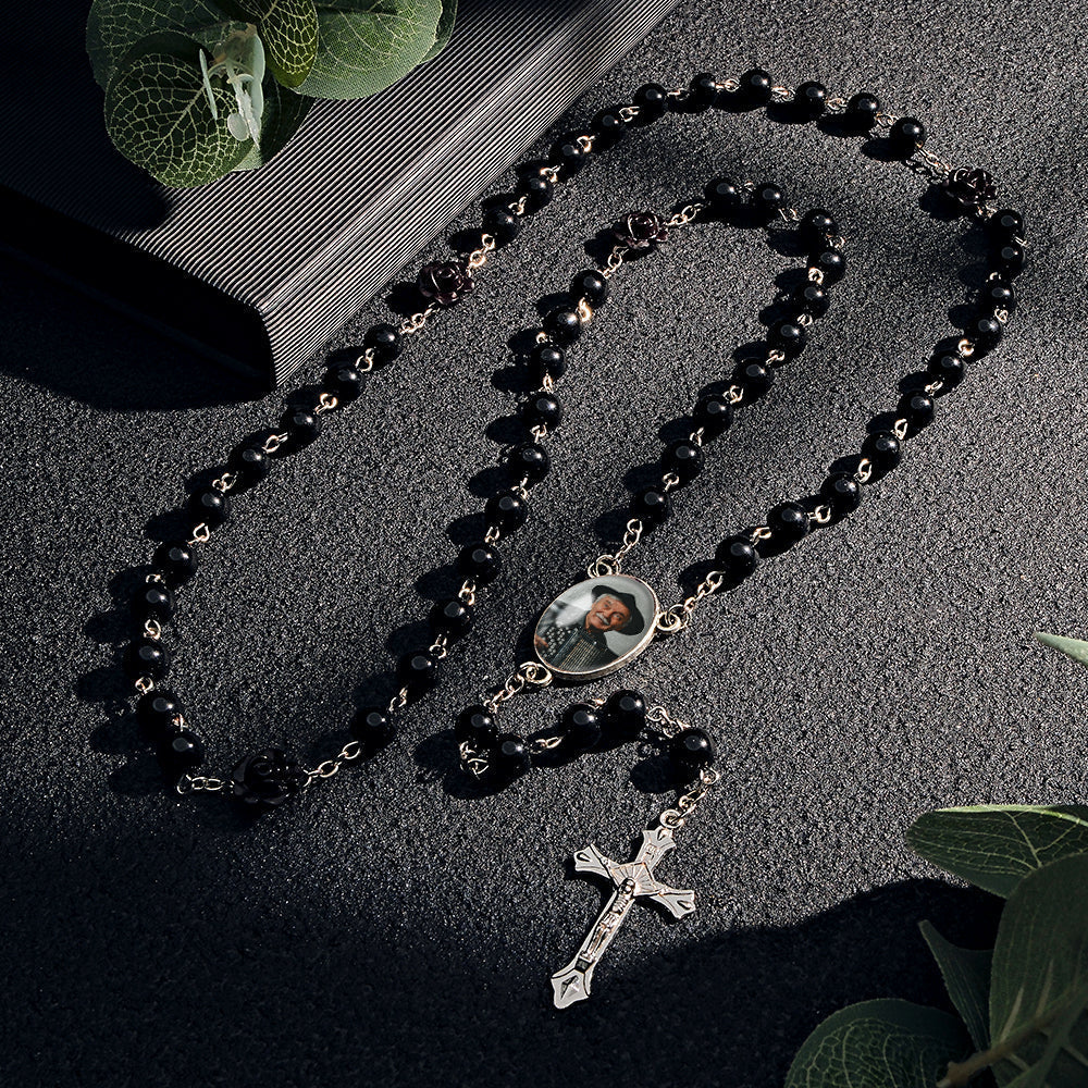 Custom Rosary Beads Cross Necklace Personalized Glass Imitation Pearls Necklace With Photo