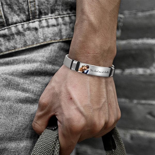 Father's Day gift men's bracelet with photo and engraving stainless steel bangle