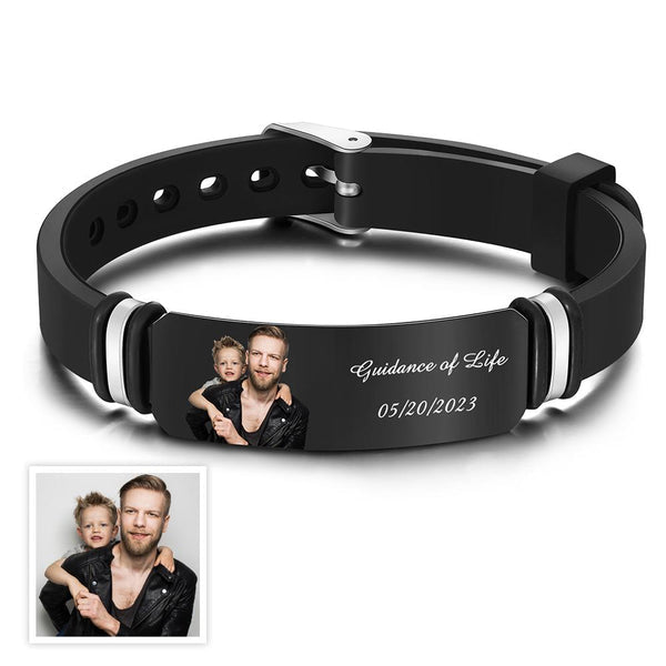 Custom Men's Photo Engraved Black Bracelet For Him Valentine's Day Gifts Personalized Bracelet For Men Perfect Gift For Father's Day