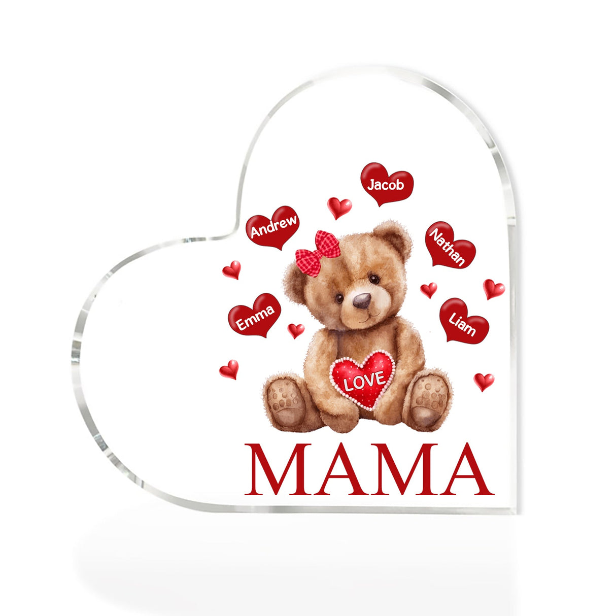 Personalized 1-5 Names and Text Teddy Bear Heart Family Acrylic Decorative Desk Decoration for Mother