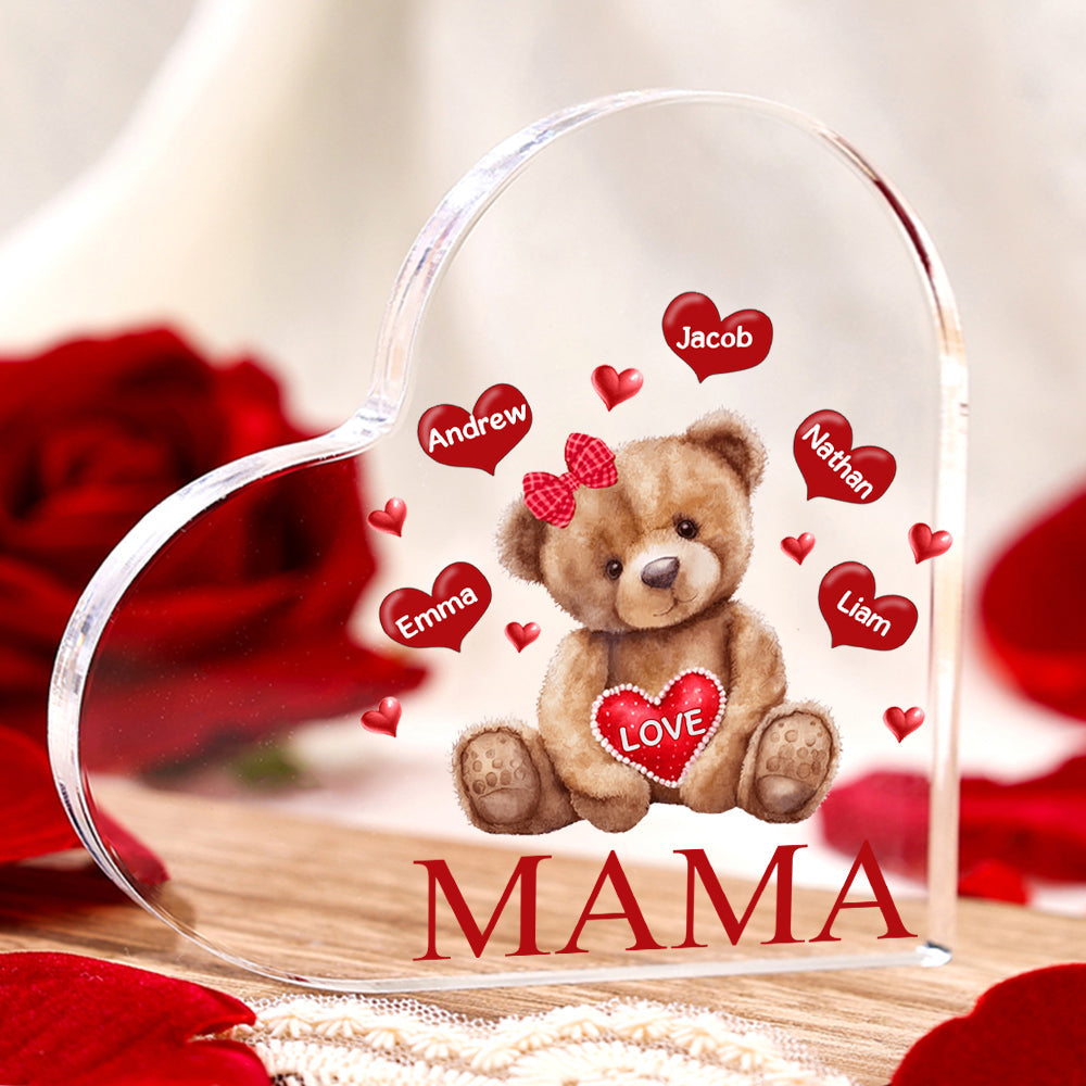 Personalized 1-5 Names and Text Teddy Bear Heart Family Acrylic Decorative Desk Decoration for Mother