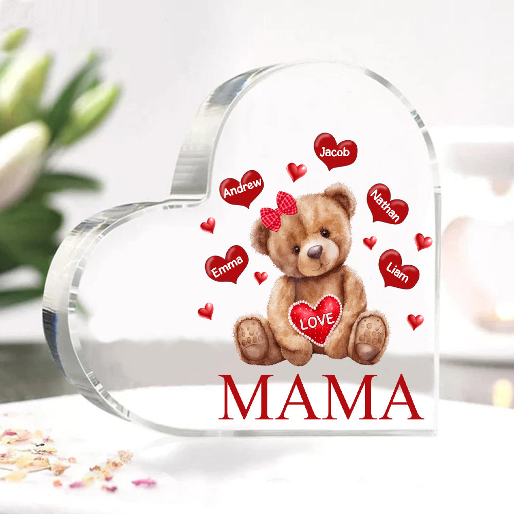 Personalized 1-5 Names and Text Teddy Bear Heart Family Acrylic Decorative Desk Decoration for Mother