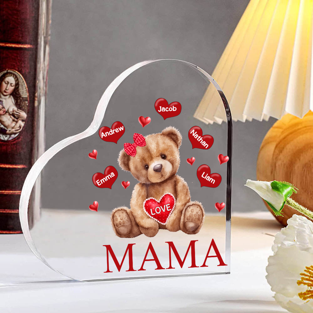 Personalized 1-5 Names and Text Teddy Bear Heart Family Acrylic Decorative Desk Decoration for Mother