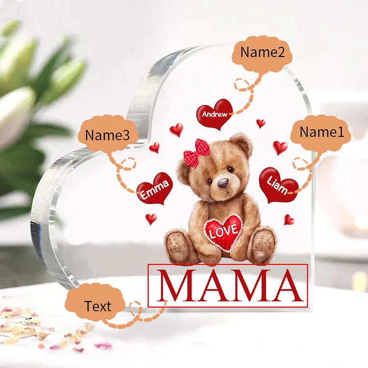 Personalized 1-5 Names and Text Teddy Bear Heart Family Acrylic Decorative Desk Decoration for Mother