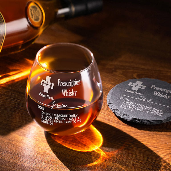 Personalized Funny Prescription Whisky Glasses and Slate Coaster with Laser Engraved Name Father's Day Gift for Grandpa Dad