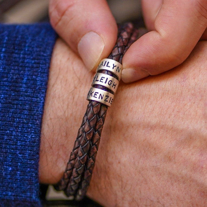 Custom Engraved Brown/Black Leather Bracelet with Small Silver Beads • Personalized Names • Father's Day Jewelry Gift for Him Dad Husband