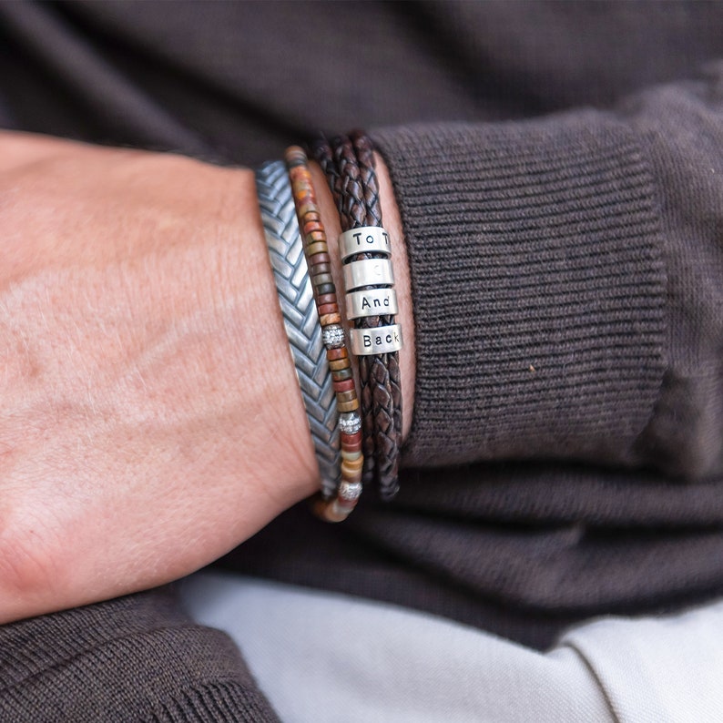 Custom Engraved Brown/Black Leather Bracelet with Small Silver Beads • Personalized Names • Father's Day Jewelry Gift for Him Dad Husband