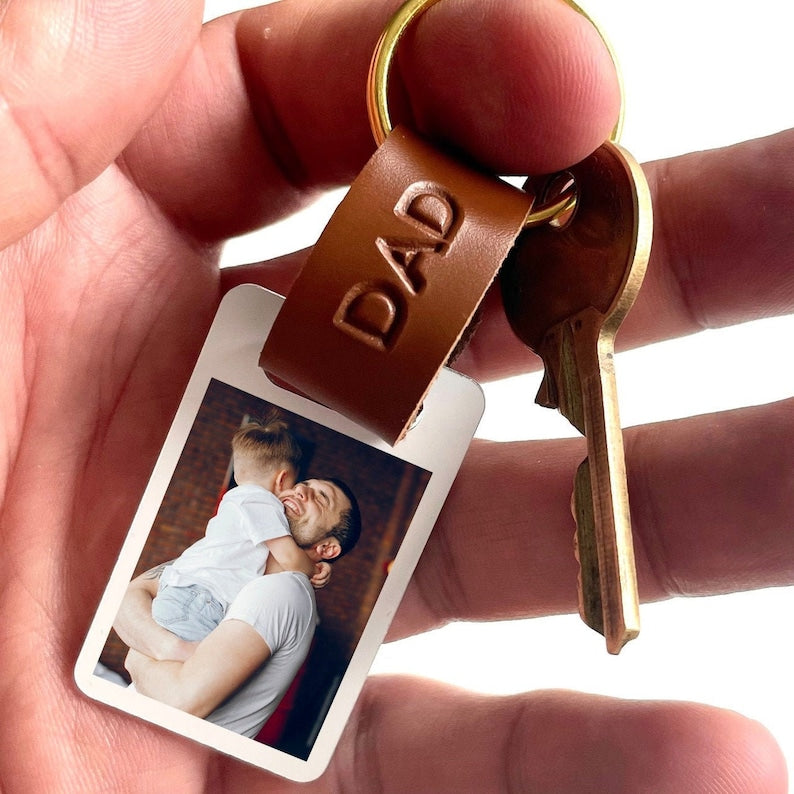 Personalised Dad Photo Keyring / Leather Photograph Keychain / Christmas Birthday Father's Day Gift For Him / Present Daddy Dada Father