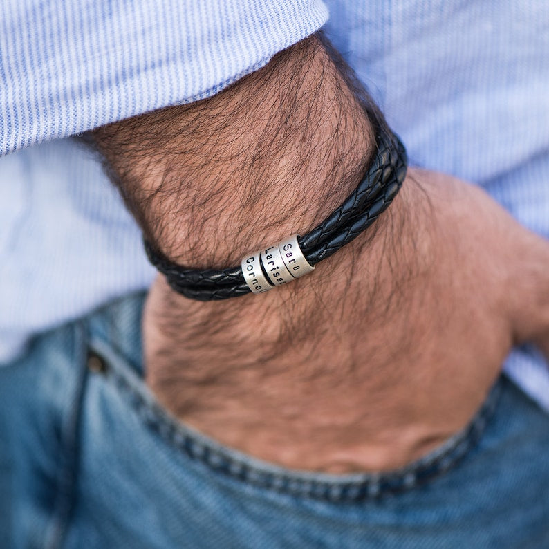 Custom Engraved Brown/Black Leather Bracelet with Small Silver Beads • Personalized Names • Father's Day Jewelry Gift for Him Dad Husband