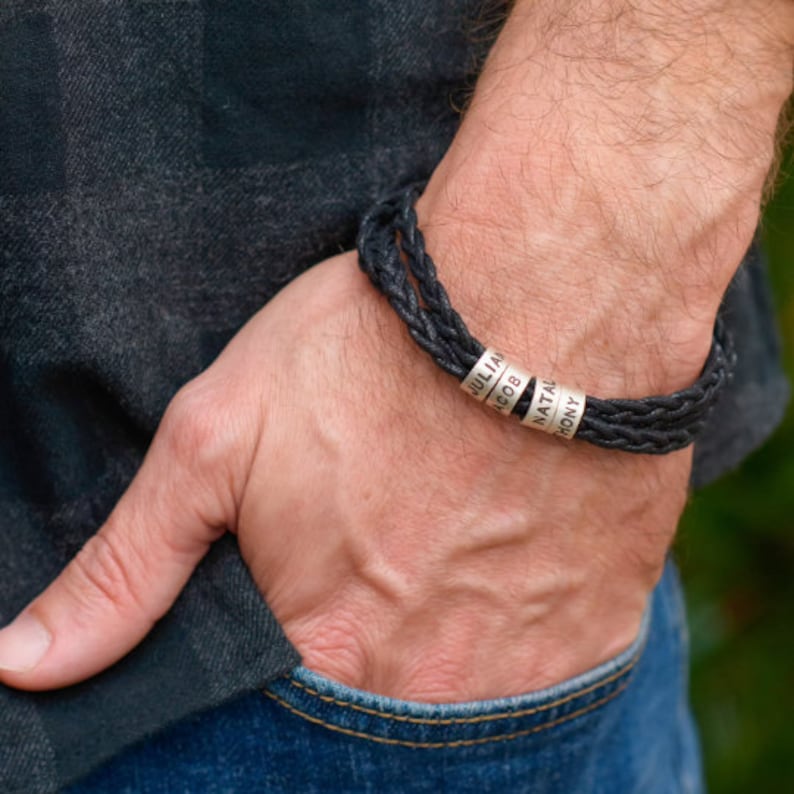 Custom Engraved Brown/Black Leather Bracelet with Small Silver Beads • Personalized Names • Father's Day Jewelry Gift for Him Dad Husband