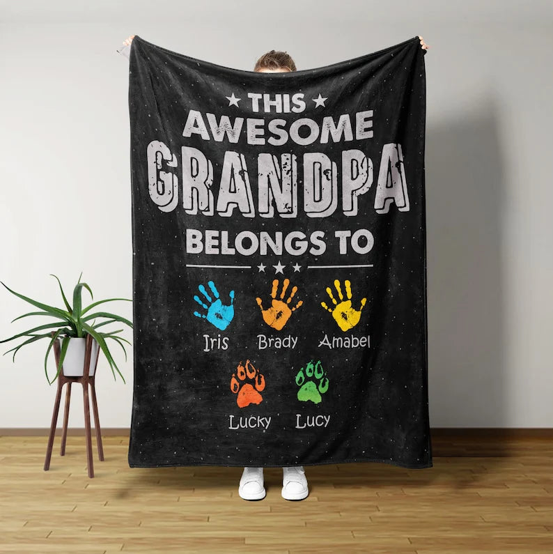 Personalized Gifts For Grandpa, Custom Awesome Grandpa Belongs Blanket, Father Day Gifts Ideas, Birthday Gifts for Men 40th, 50th, 60th.