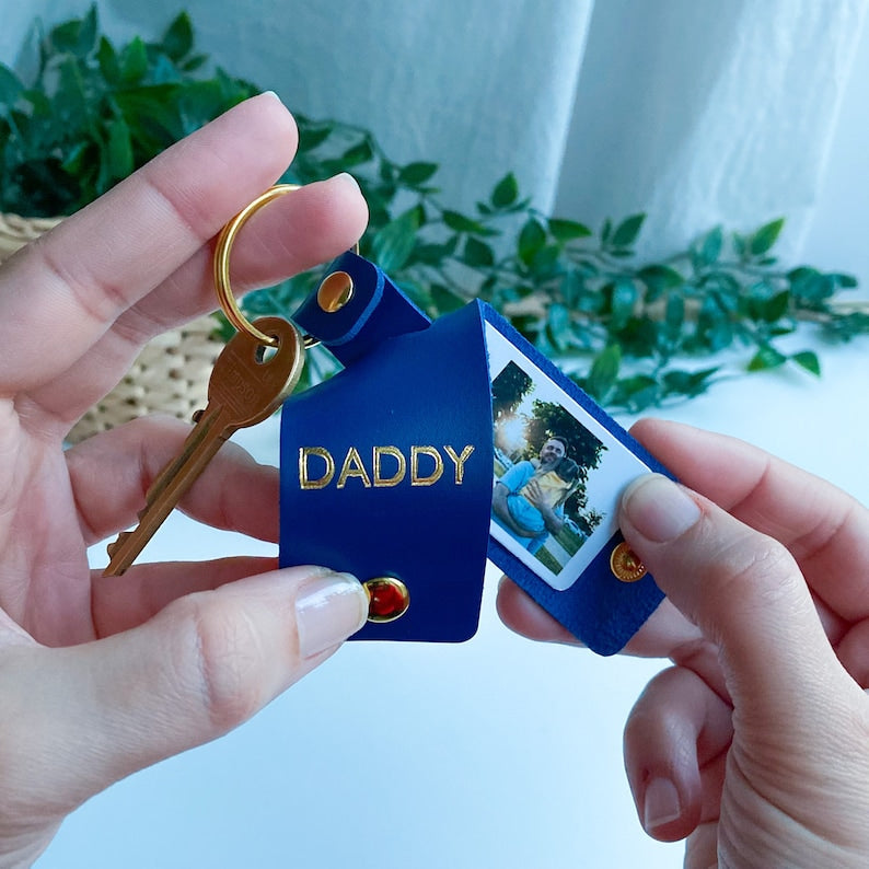 Personalised Daddy Photo Keyring / Vegan Leather Photo Keychain / Father's Day gift for him / Birthday Christmas gift for dad father