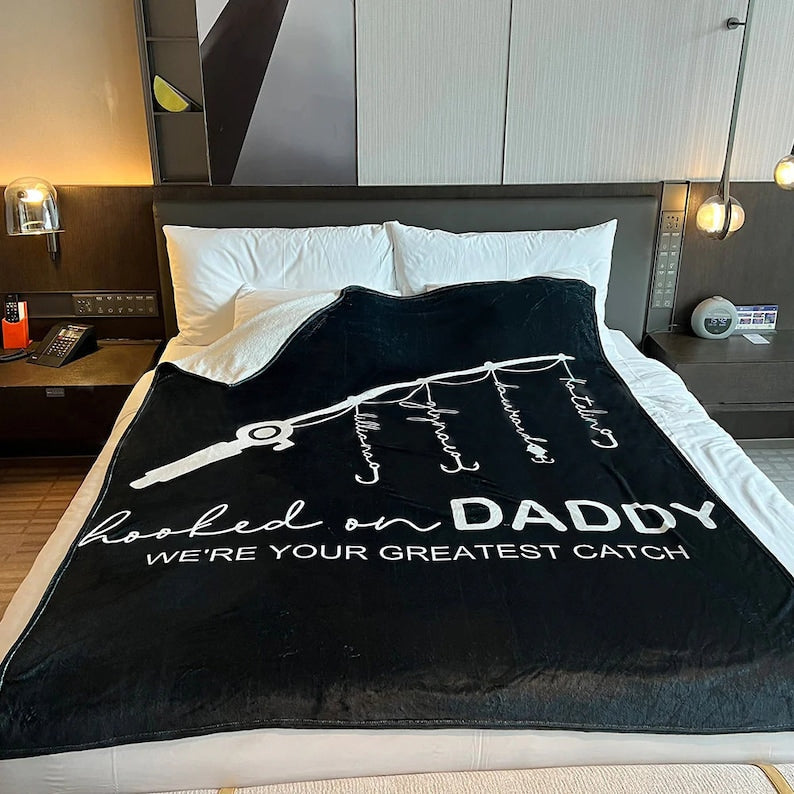 Personalized Hooked On Daddy Blanket, Fishing Dad Gift, Custom Dad Blanket Gifts, Dad Blanket, Fathers Day Gift, Blanket For Dad, Fisher Dad