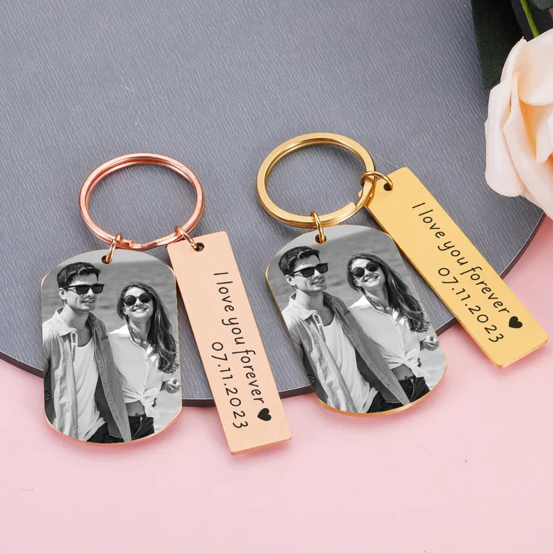 Personalized Photo Keychain, Engraved Picture Keychain, 1st Anniversary Boyfriend Gift, Girlfriend Gift Idea, 10 Years Valentine's Day Gift