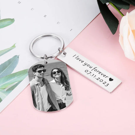 Personalized Photo Keychain, Engraved Picture Keychain, 1st Anniversary Boyfriend Gift, Girlfriend Gift Idea, 10 Years Valentine's Day Gift