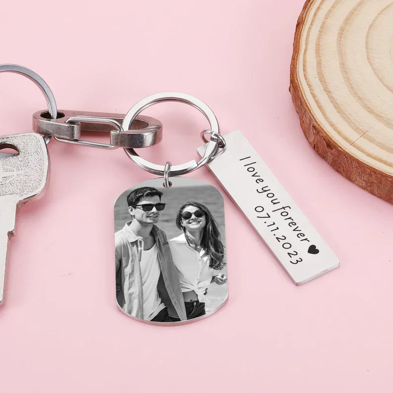 Personalized Photo Keychain, Engraved Picture Keychain, 1st Anniversary Boyfriend Gift, Girlfriend Gift Idea, 10 Years Valentine's Day Gift