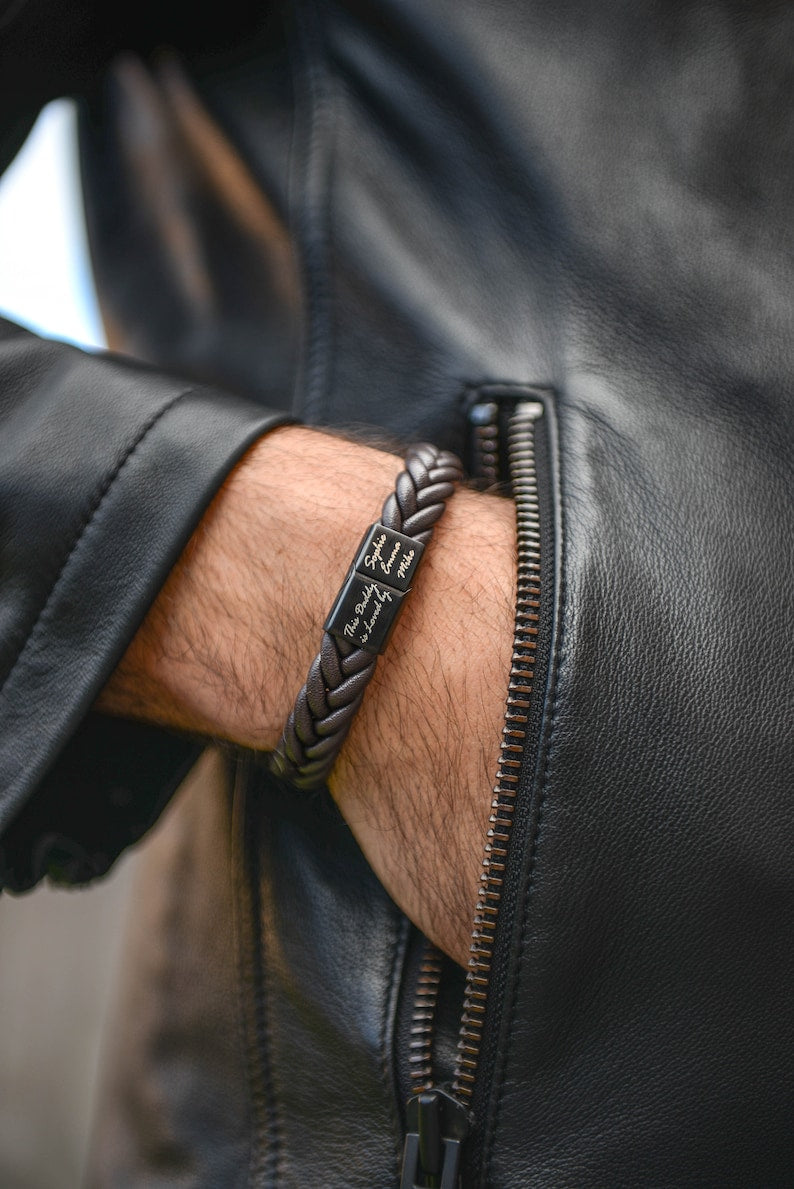 Custom Men's Leather Bracelet: Engraved Family Names, Personalized Anniversary & Birthday Gift for Dad, Husband - Unique Handmade Bracelet