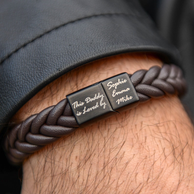 Custom Men's Leather Bracelet: Engraved Family Names, Personalized Anniversary & Birthday Gift for Dad, Husband - Unique Handmade Bracelet