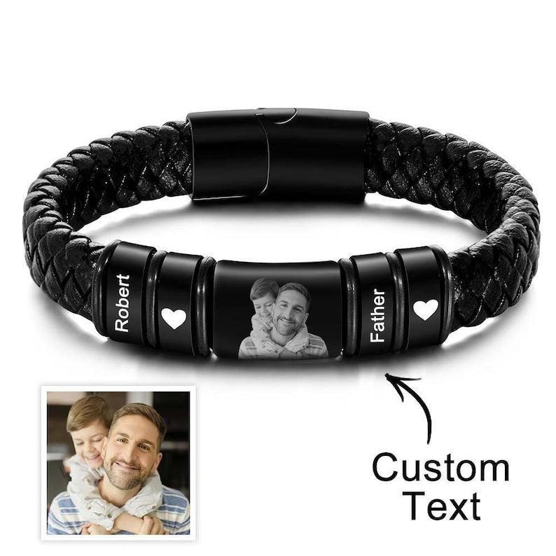 Custom Photo Engraved Bracelet Personalized Leather Men's Bracelet Father's Day Gift For Dad, Personalized Bracelet