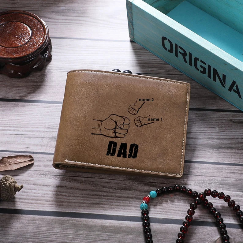 Custom Dad and Kids Name Fist Photo Wallet,PU Leather Wallet,Personalized Father's Day Gifts for Men Husband,Father,New Dad Gift for Him