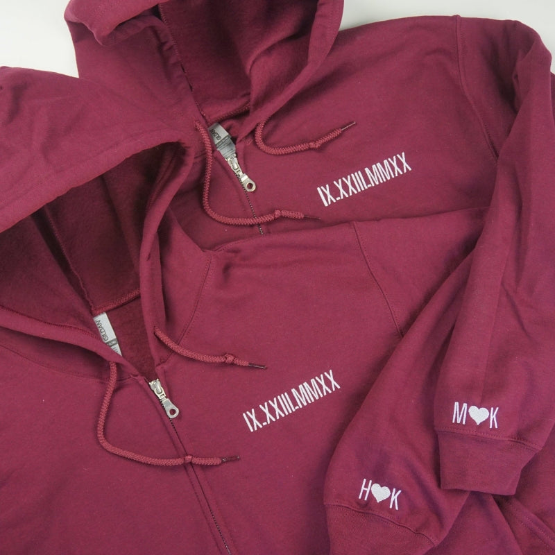 Roman Numerals Anniversary Embroidered Zip Up Hoodie | Embroidered Hoodie | Couples Hoodie Gift | Sweatshirt | Anniversary Date Hoodie