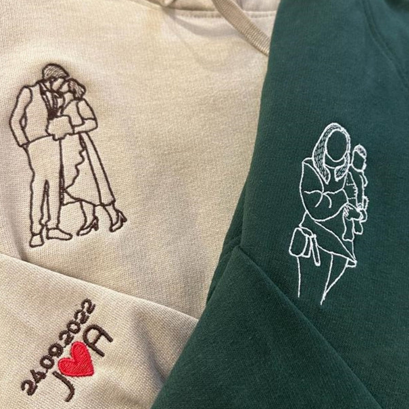 Custom Photo Embroidered Hoodie, Personalised Couple Sketch from Photo Unisex Hoodie, 1st Anniversary Special Date Initial Matching Jumper