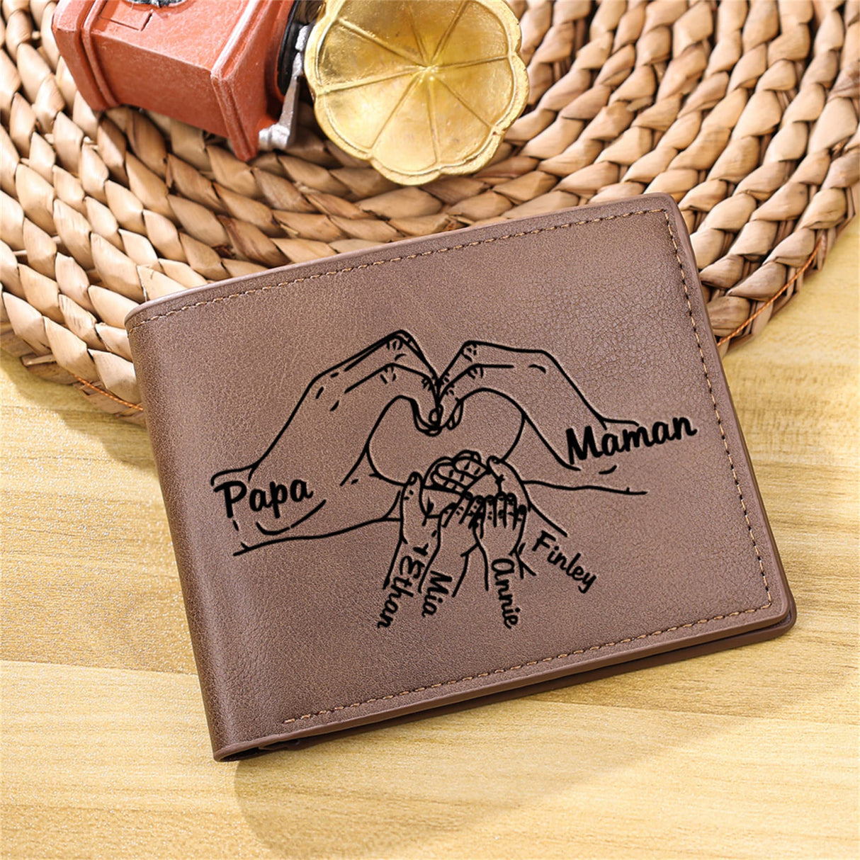 Custom Name Pu Wallet for Men,Groomsmen Wallet with Engraving,Love palm Wallet for PAPA,Gift for Dad,Father's Day Gift,Family Name Wallet