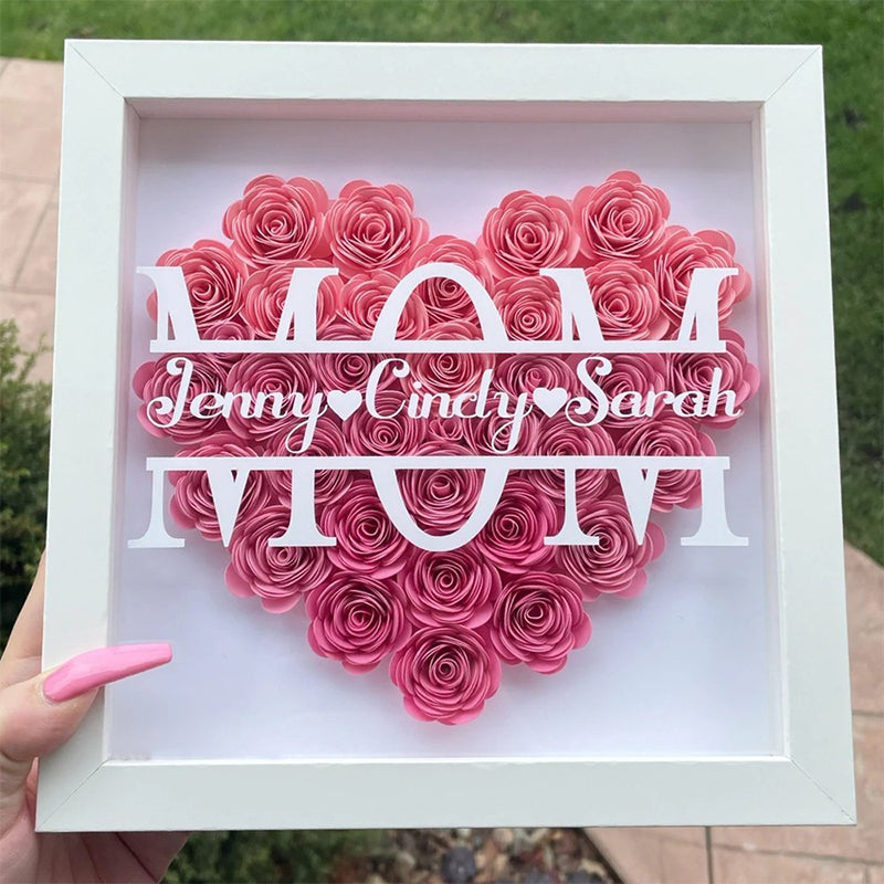 Personalized Flower Heart Shadow Box , Custom Name Rose Frame , Flower Shadowbox For Mom , Wood Flower Frame